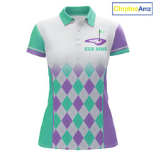 Load image into Gallery viewer, Argyle Pattern Golf Polo Shirts For Womens Custom Name, Golf Pattern Turquoise Purple Shirt Gifts NHT932