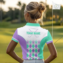 Load image into Gallery viewer, Argyle Pattern Golf Polo Shirts For Womens Custom Name, Golf Pattern Turquoise Purple Shirt Gifts NHT932
