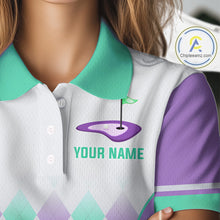 Load image into Gallery viewer, Argyle Pattern Golf Polo Shirts For Womens Custom Name, Golf Pattern Turquoise Purple Shirt Gifts NHT932