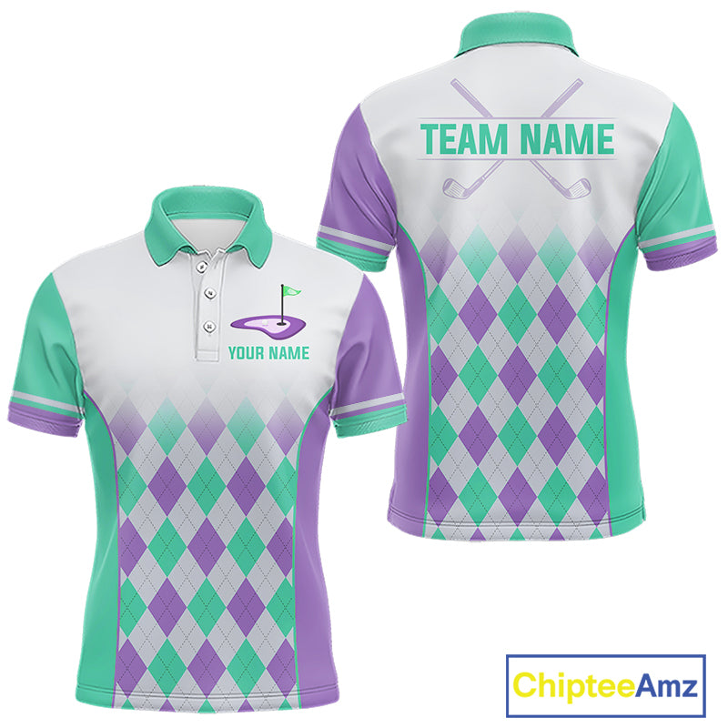 Argyle Pattern Golf Polo Shirts For Mens Custom Name, Golf Pattern Turquoise Purple Shirt Gifts NHT932