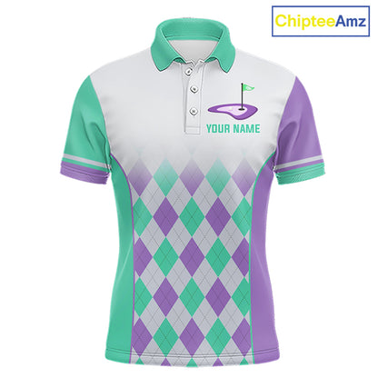 Argyle Pattern Golf Polo Shirts For Mens Custom Name, Golf Pattern Turquoise Purple Shirt Gifts NHT932
