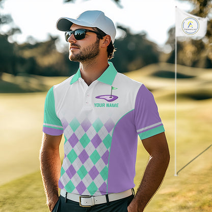 Argyle Pattern Golf Polo Shirts For Mens Custom Name, Golf Pattern Turquoise Purple Shirt Gifts NHT932