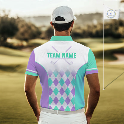 Argyle Pattern Golf Polo Shirts For Mens Custom Name, Golf Pattern Turquoise Purple Shirt Gifts NHT932