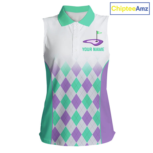 Argyle Pattern Womens Sleeveless Golf Polo Shirts For Womens Custom Name, Golf Pattern Turquoise Purple Shirt Gifts NHT932