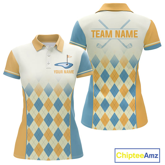 Argyle Pattern Golf Polo Shirts For Womens Custom Name, Golf Pattern Yellow Blue Shirt Gifts NHT933