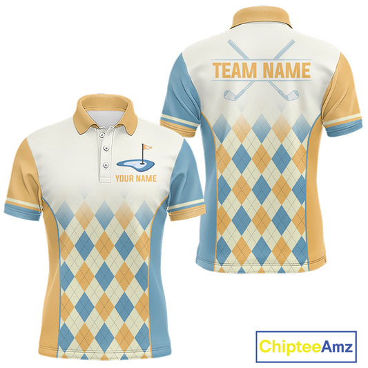 Argyle Pattern Golf Polo Shirts For Mens Custom Name, Golf Pattern Yellow Blue Shirt Gifts NHT933