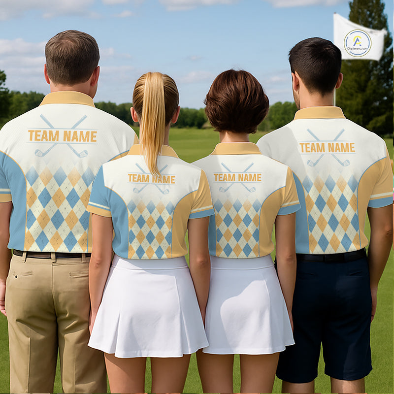 Argyle Pattern Golf Polo Shirts For Womens Custom Name, Golf Pattern Yellow Blue Shirt Gifts NHT933