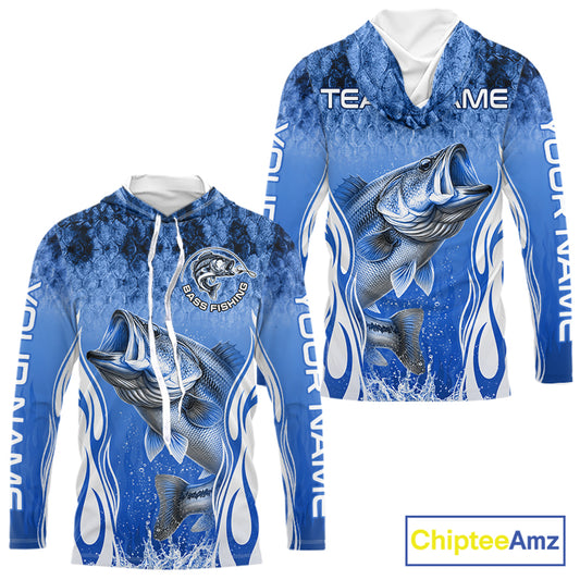 Personalized Team Bass Fishing Shirt - Long Sleeve Hooded Tournament Fishing Apparel|Blue 