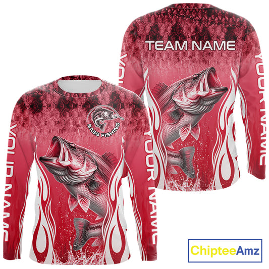 Personalized Team Bass Fishing Shirt - Long Sleeve Tournament Fishing Apparel|Red 