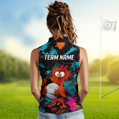 A woman viewed from behind wearing a sleeveless high-neck athletic top with a colorful tropical-style graphic featuring a cartoon rooster, paint splatters, and the text 'TEAM NAME' on the back. The background is a blurred golf course with green grass, trees, and a flag.
