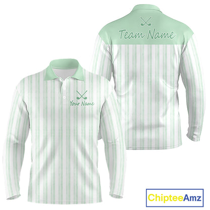 Personalized mint green striped golf polo shirt for men with custom team name