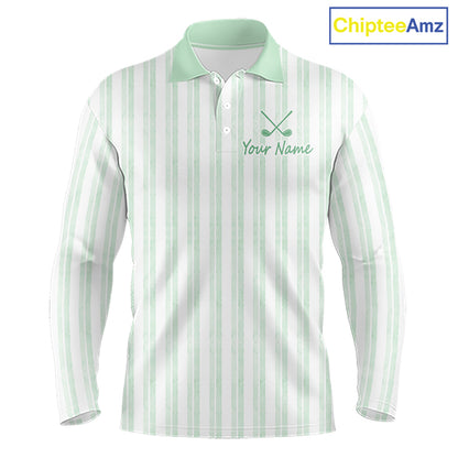 Personalized mint green striped golf polo shirt for men with custom team name