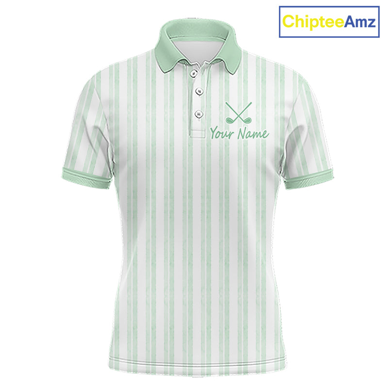Personalized mint green striped golf polo shirt for men with custom team name
