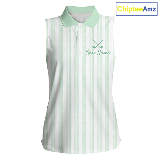 Personalized Womens Sleeveless Golf Polo Shirt Mint Green Striped Custom Team Name Polo For Womens