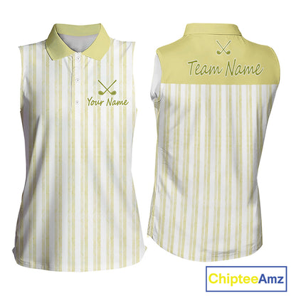 Personalized Womens Sleeveless Golf Polo Shirt Mint Yellow Striped Custom Team Name Polo For Womens