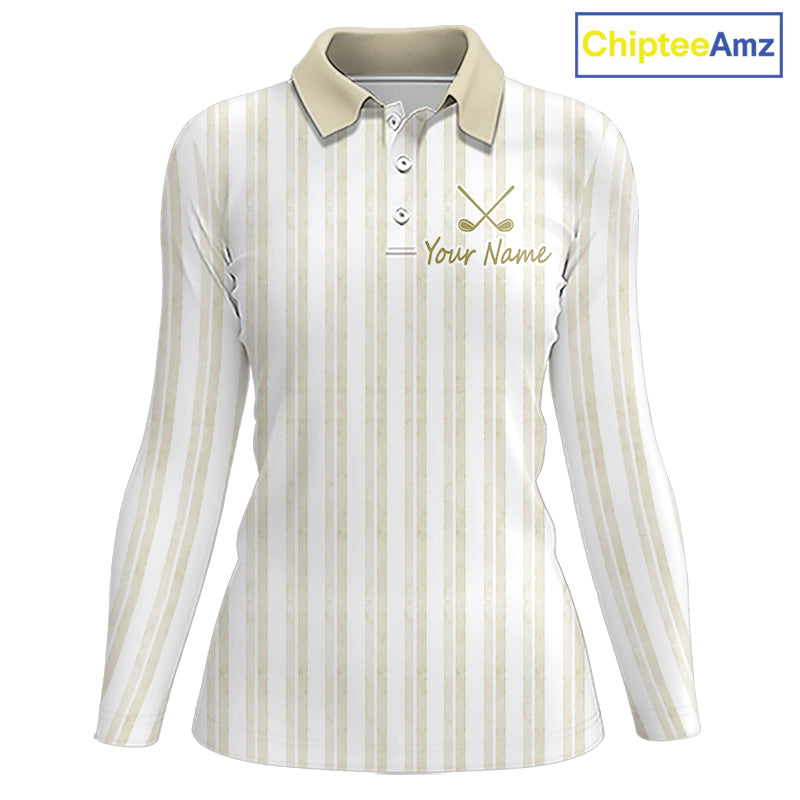 Personalized Golf Polo Shirt Beige Striped Custom Team Name Polo For Womens 