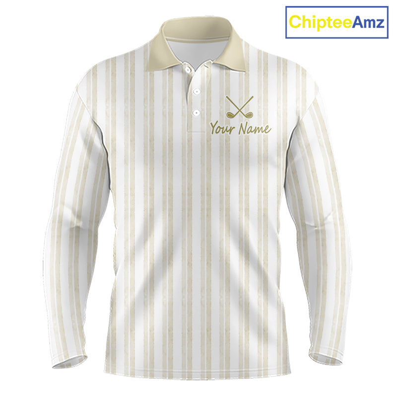 Personalized beige striped golf polo shirt for men with custom team name 