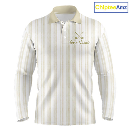 Personalized beige striped golf polo shirt for men with custom team name 