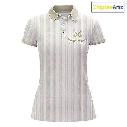 Personalized Golf Polo Shirt Beige Striped Custom Team Name Polo For Womens 
