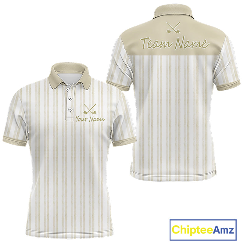 Personalized beige striped golf polo shirt for men with custom team name 