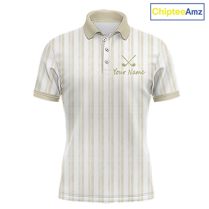 Personalized beige striped golf polo shirt for men with custom team name 