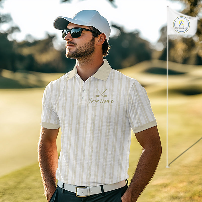 Personalized beige striped golf polo shirt for men with custom team name 