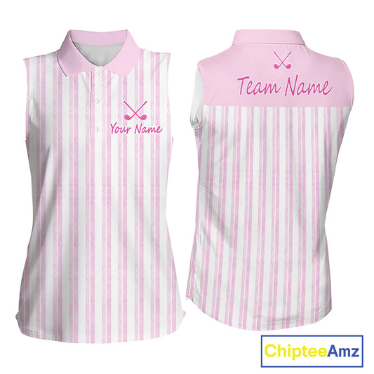 Personalized Womens Sleeveless Golf Polo Shirt Mint Pink Striped Custom Team Name