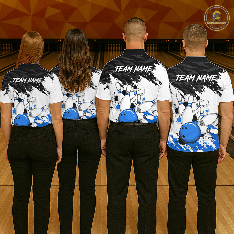 Bowling Shirt Custom Name Blue Black White Bowling Ball Personalized Team Jersey Gift For Men NHT1249