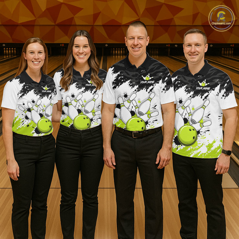 Bowling Shirt Custom Name Black White Lime Green Bowling Ball Personalized Team Jersey For Men NHT1250