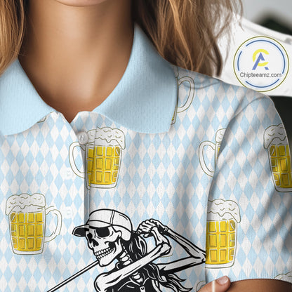 Funny Skull Golf Polo Shirts Beer Blue Argyle Pattern Custom Name Skull Playing Golf Apparel NBT629