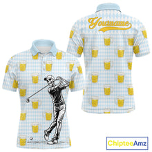 Load image into Gallery viewer, Funny Skull Golf Polo Shirts Beer Blue Argyle Pattern Custom Name Skull Playing Golf Apparel NBT629