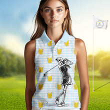 Load image into Gallery viewer, Funny Skull Womens Sleeveless Golf Polo Shirts Beer Blue Argyle Pattern Custom Name Skull Playing Golf Apparel NBT629