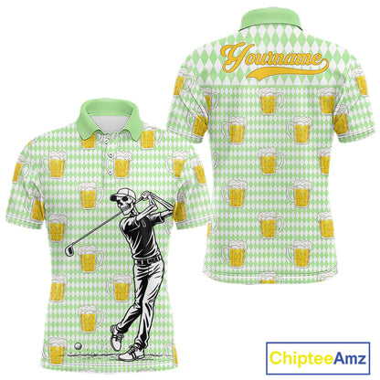Funny Skull Golf Polo Shirts Beer Green Argyle Pattern Custom Name Skull Playing Golf Apparel NBT630