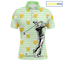 Load image into Gallery viewer, Funny Skull Golf Polo Shirts Beer Green Argyle Pattern Custom Name Skull Playing Golf Apparel NBT630