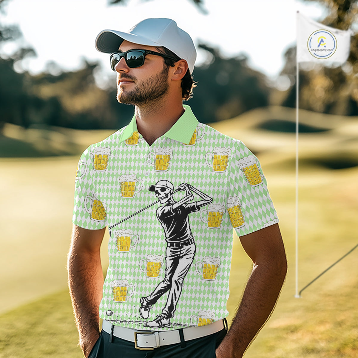 Funny Skull Golf Polo Shirts Beer Green Argyle Pattern Custom Name Skull Playing Golf Apparel NBT630