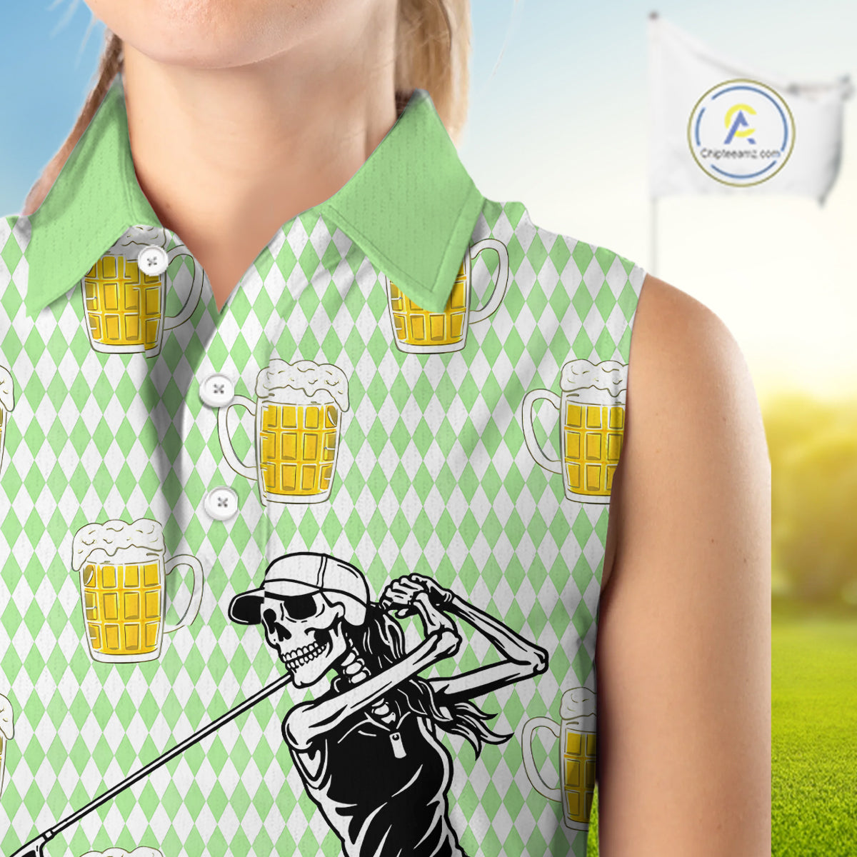 Funny Skull Womens Sleeveless Golf Polo Shirts Beer Green Argyle Pattern Custom Name Skull Playing Golf Apparel NBT630