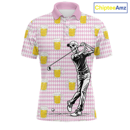 Funny Skull Golf Polo Shirts Beer Pink Argyle Pattern Custom Name Skull Playing Golf Apparel NBT631
