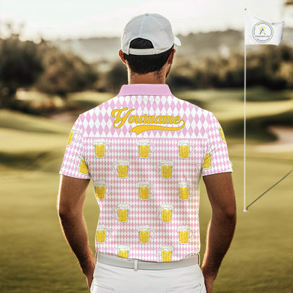 Funny Skull Golf Polo Shirts Beer Pink Argyle Pattern Custom Name Skull Playing Golf Apparel NBT631