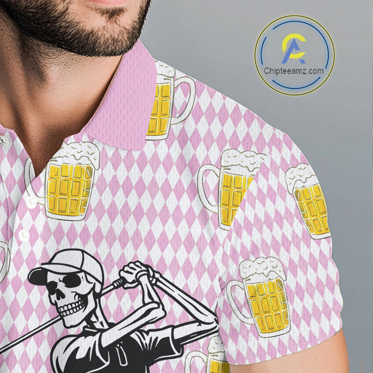 Funny Skull Golf Polo Shirts Beer Pink Argyle Pattern Custom Name Skull Playing Golf Apparel NBT631