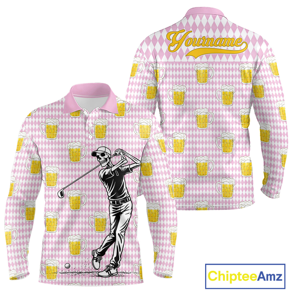 Funny Skull Golf Polo Shirts Beer Pink Argyle Pattern Custom Name Skull Playing Golf Apparel NBT631