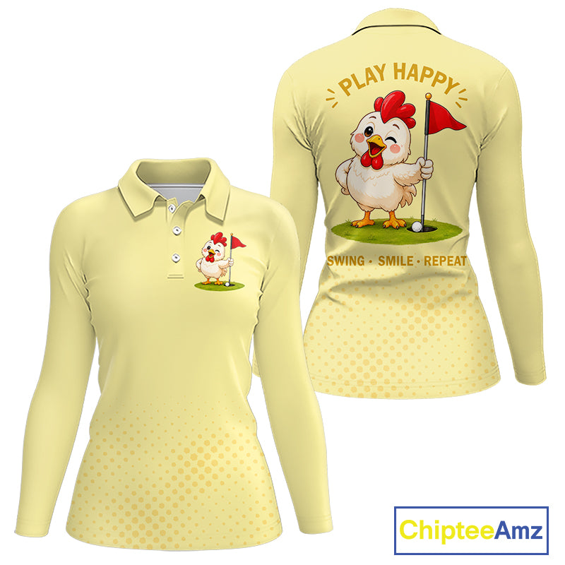 Personalized Funny Chicken Golf Polo Shirt for Womens  Play Happy Swing Smile Repeat