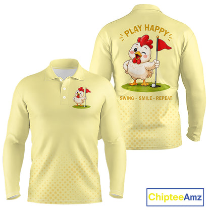 Personalized Funny Chicken Golf Polo Shirt Play Happy Swing Smile Repeat Golf Apparel For Men NHT951