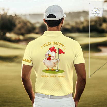 Personalized Funny Chicken Golf Polo Shirt for Men Play Happy Swing Smile Repeat