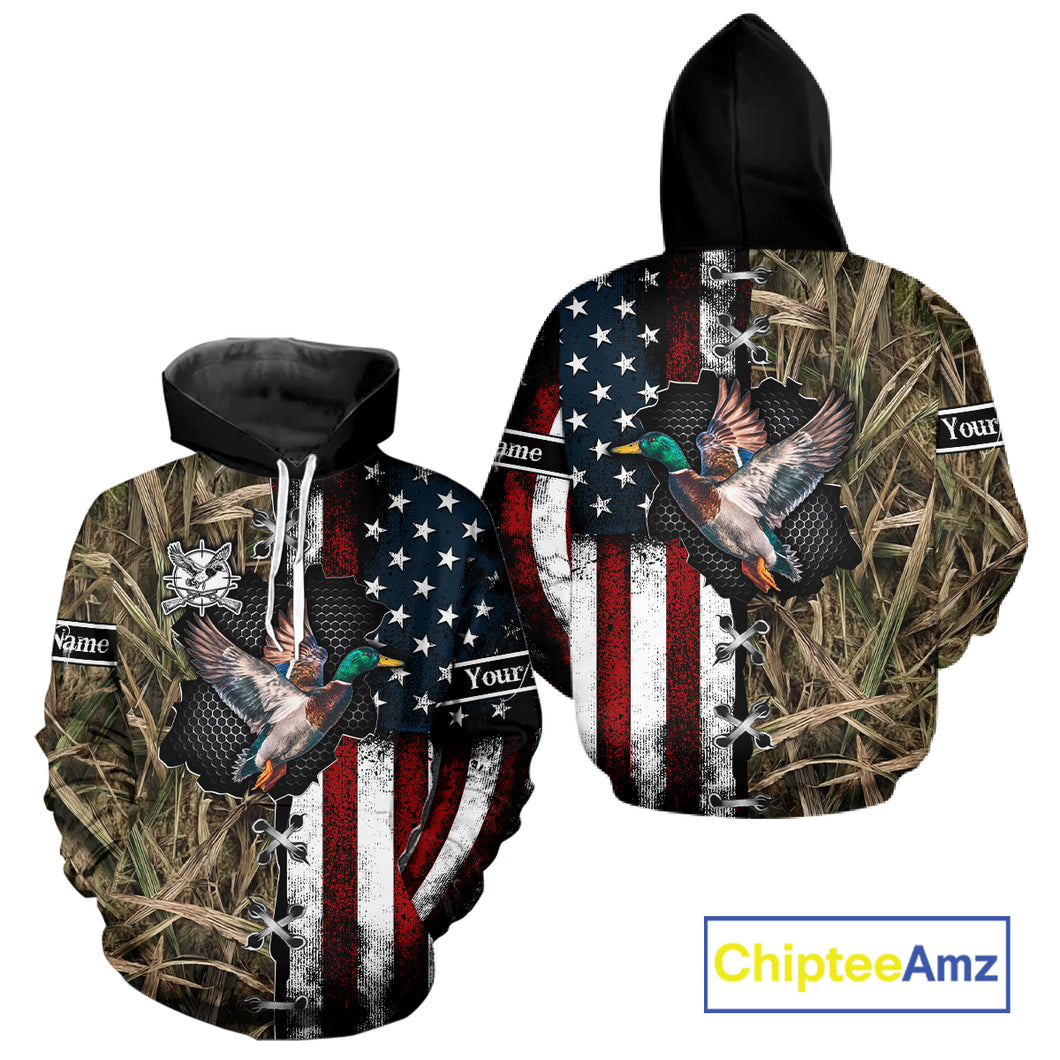 Mallard Duck Hunting Waterfowl Camo with US Flag Custom Name Hunting Gift NHT154