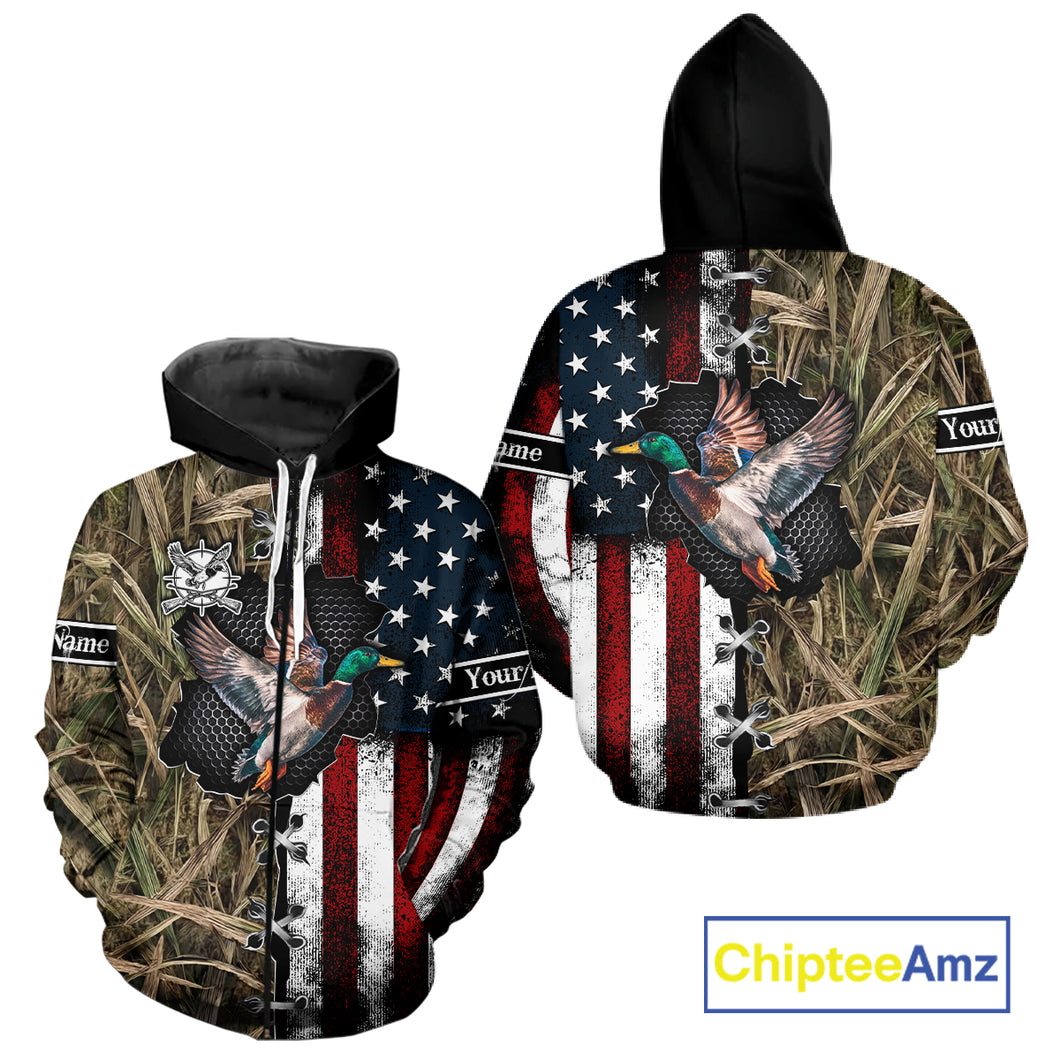 Mallard Duck Hunting Waterfowl Camo with US Flag Custom Name Hunting Gift NHT154