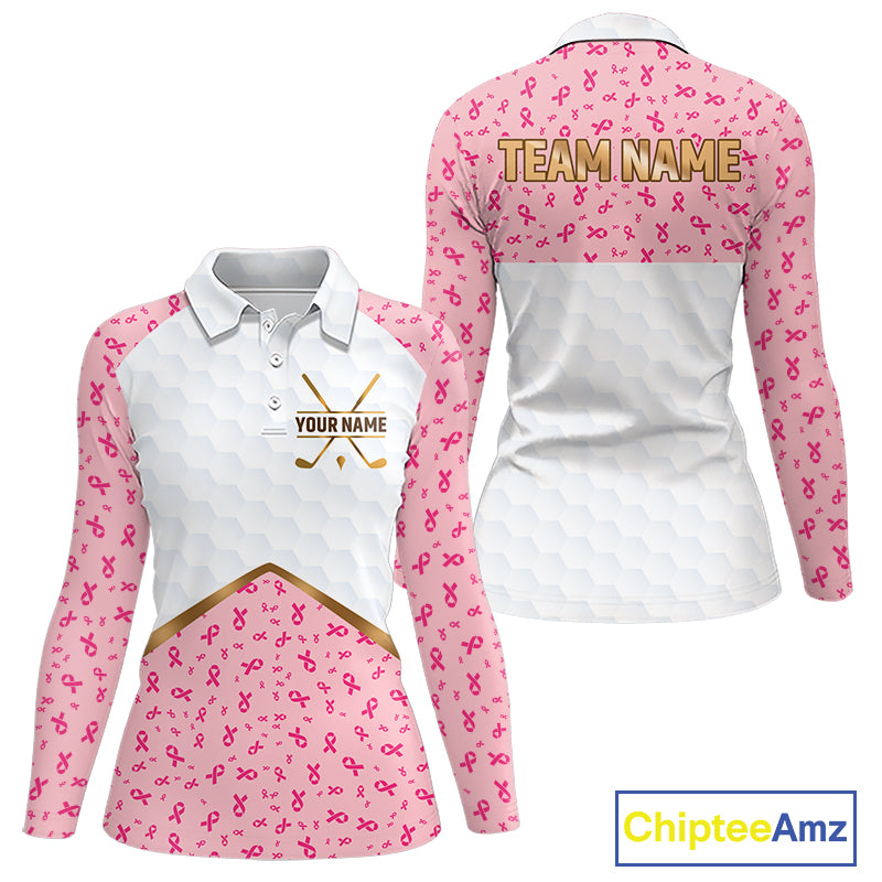 Custom Pink Ribbon Pattern Breast Cancer Golf Shirts For Womens, Breast Cancer Golf Jersey NHT797