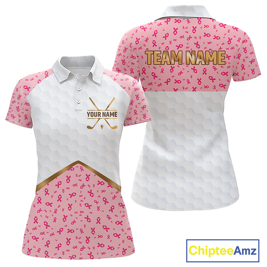 Custom Pink Ribbon Pattern Breast Cancer Golf Shirts For Womens, Breast Cancer Golf Jersey NHT797