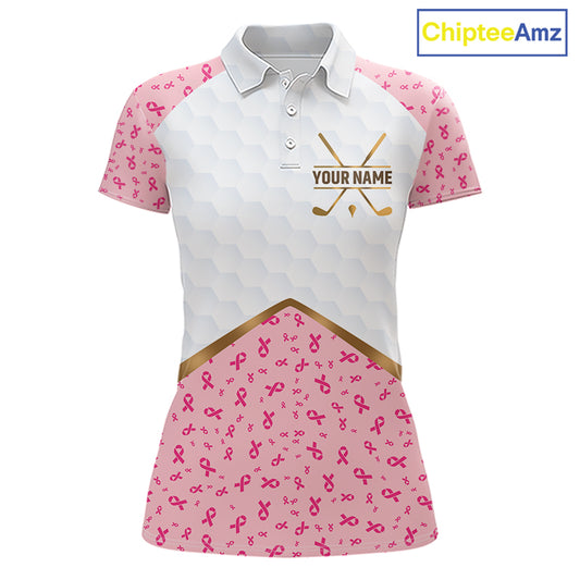 Custom Pink Ribbon Pattern Breast Cancer Golf Shirts For Womens, Breast Cancer Golf Jersey NHT797