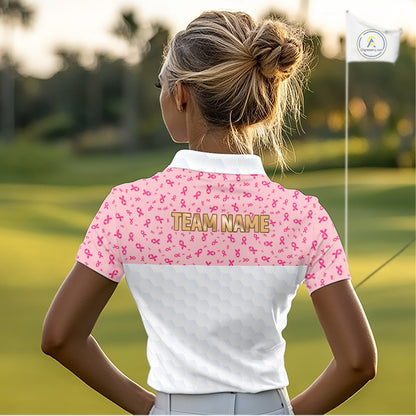 Custom Pink Ribbon Pattern Breast Cancer Golf Shirts For Womens, Breast Cancer Golf Jersey NHT797