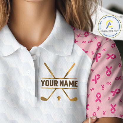 Custom Pink Ribbon Pattern Breast Cancer Golf Shirts For Womens, Breast Cancer Golf Jersey NHT797